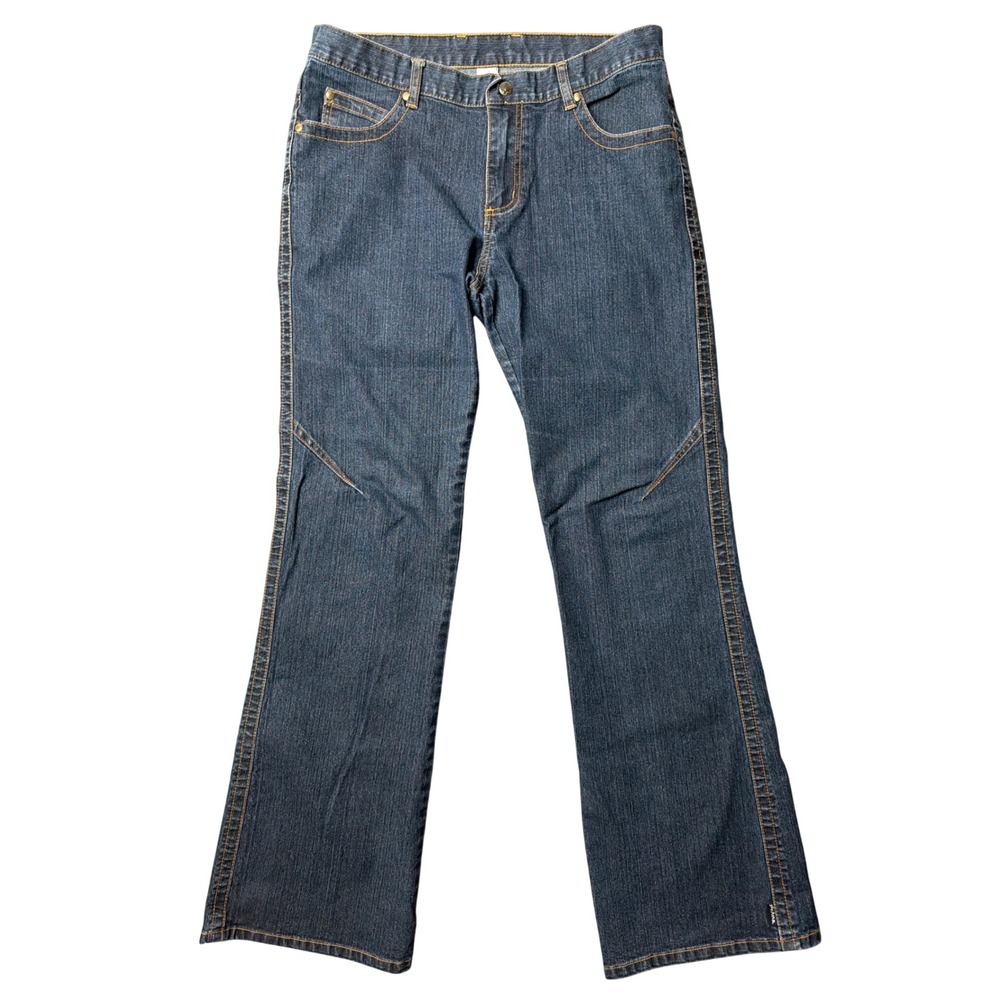 Prana Jeans Womens L Bootcut Blue Embroidered Stretch Denim Dark Wash